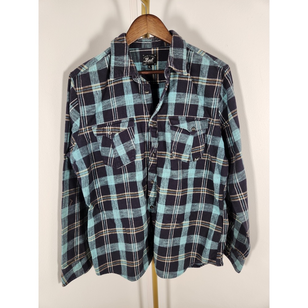 VTG Mens Keeping it Unreal LOST Navy‎ Blue Plaid Flannel Button Up Shirt Size XL